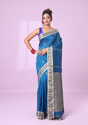 Sapphire Blue Embroidered Cotton Saree Set