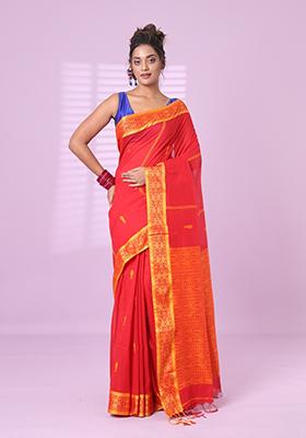 Red Embroidered Cotton Saree Set