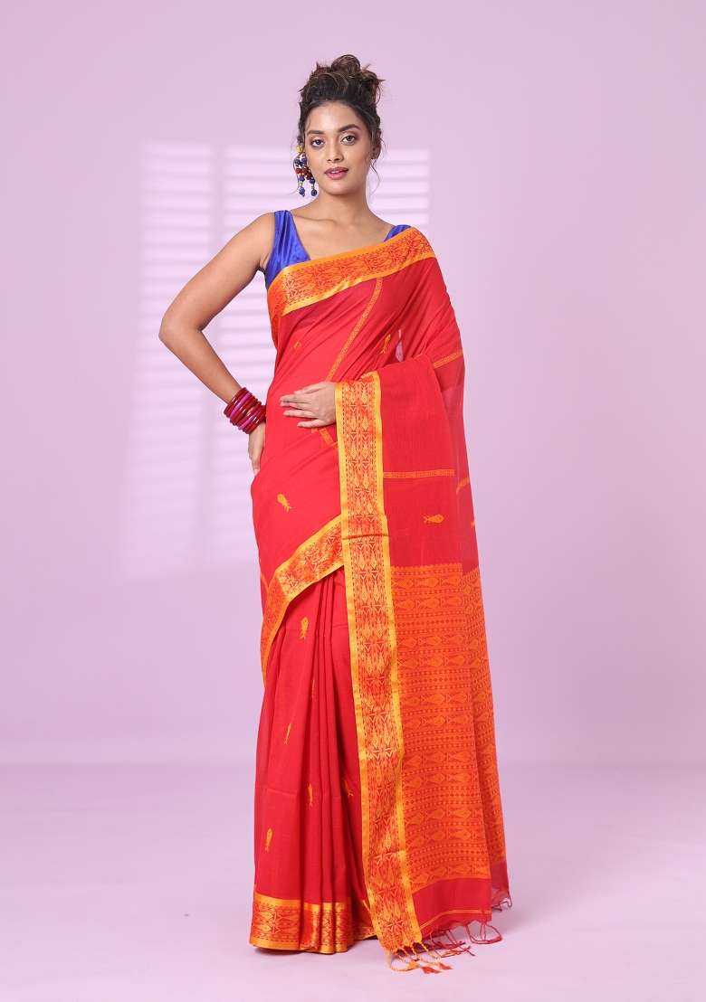 Red Cotton Saree Set with Embroidered for Diwali | Wedding & Festive Wear - Indya