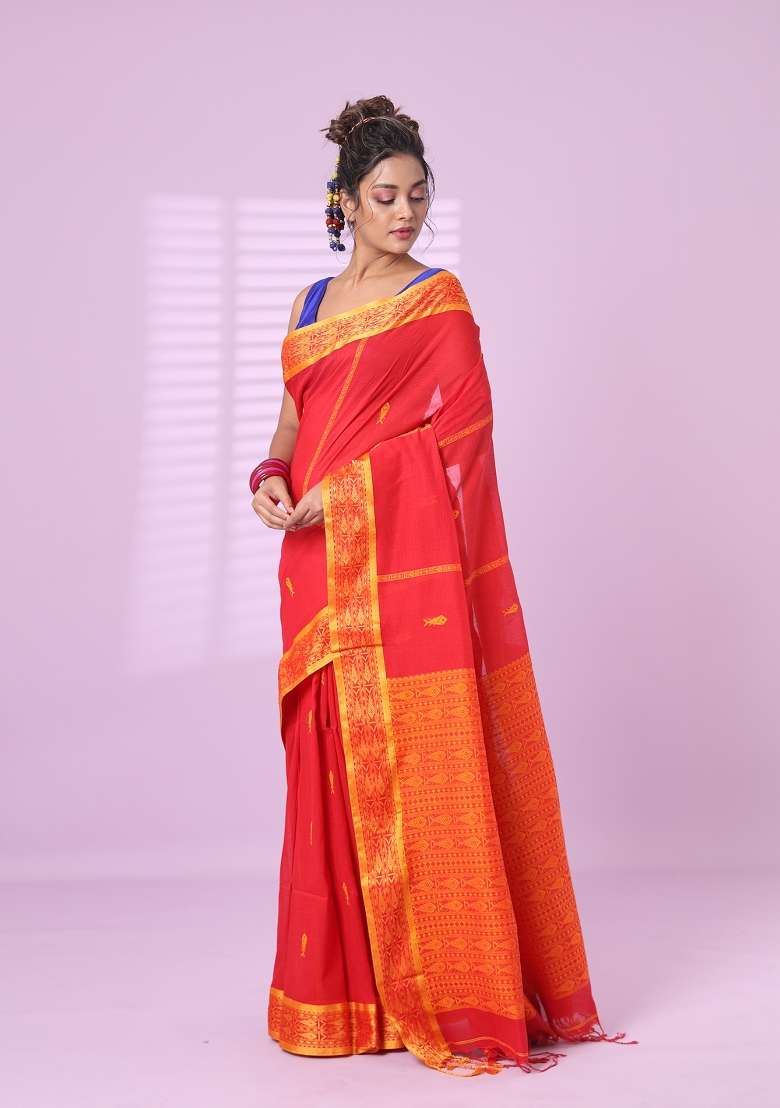 Red Cotton Saree Set with Embroidered for Diwali | Wedding & Festive Wear - Indya