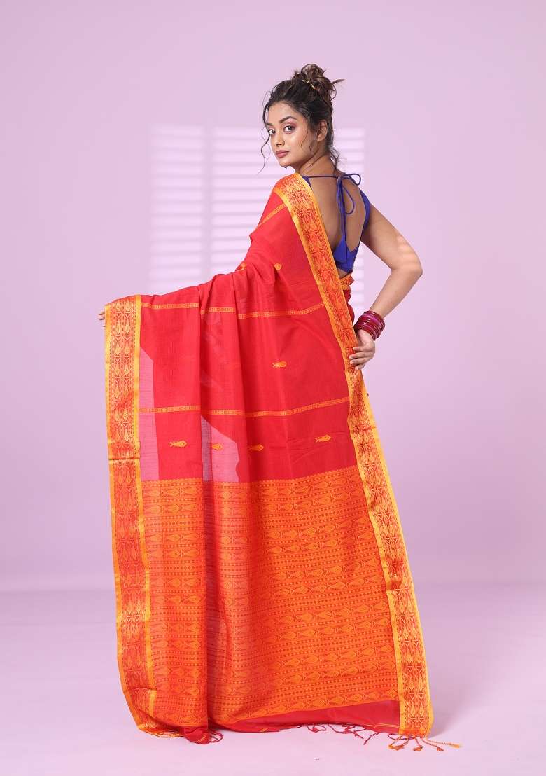 Red Cotton Saree Set with Embroidered for Diwali | Wedding & Festive Wear - Indya