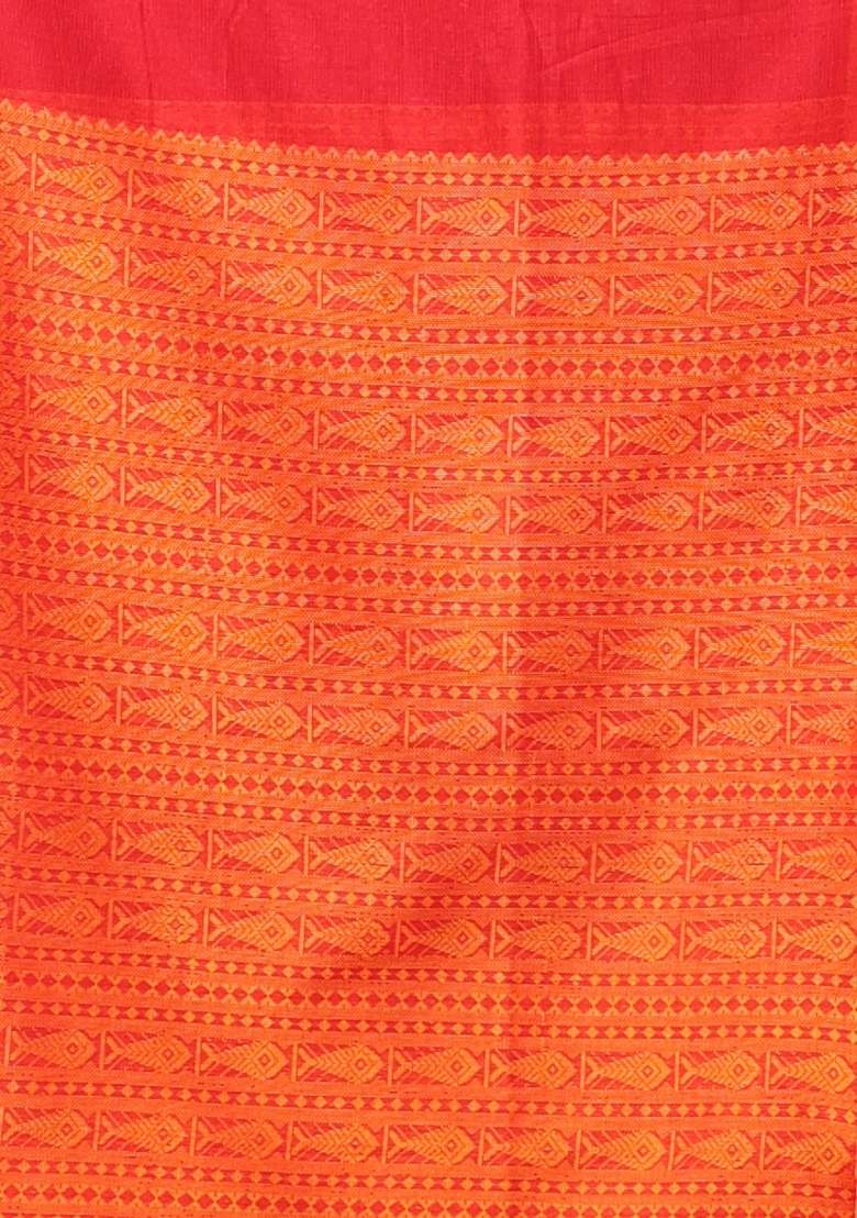 Red Cotton Saree Set with Embroidered for Diwali | Wedding & Festive Wear - Indya