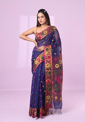 Violet Embroidered Silk Saree Set