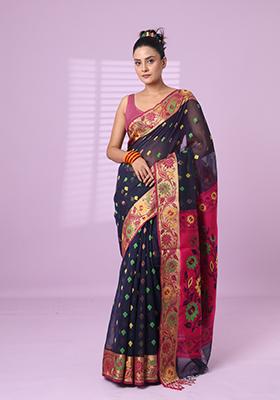 Navy Blue Embroidered Silk Saree Set