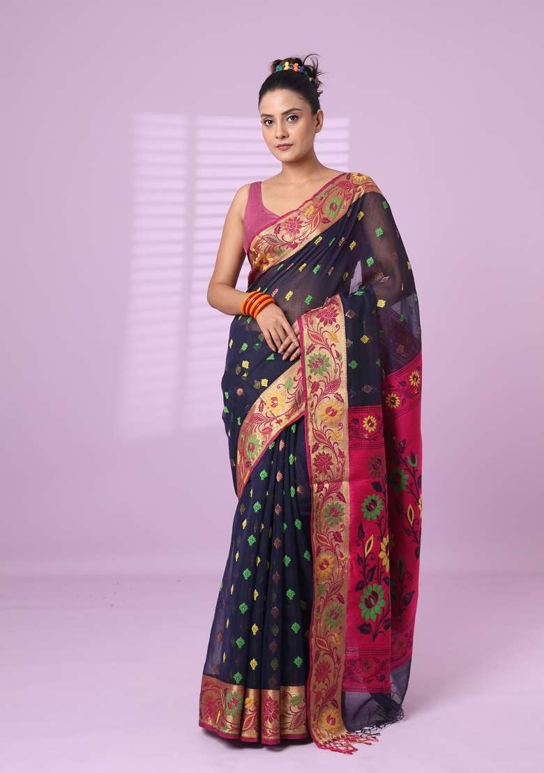 Navy Blue Embroidered Silk Blend Saree Set for Diwali and Festive Wear - Indya