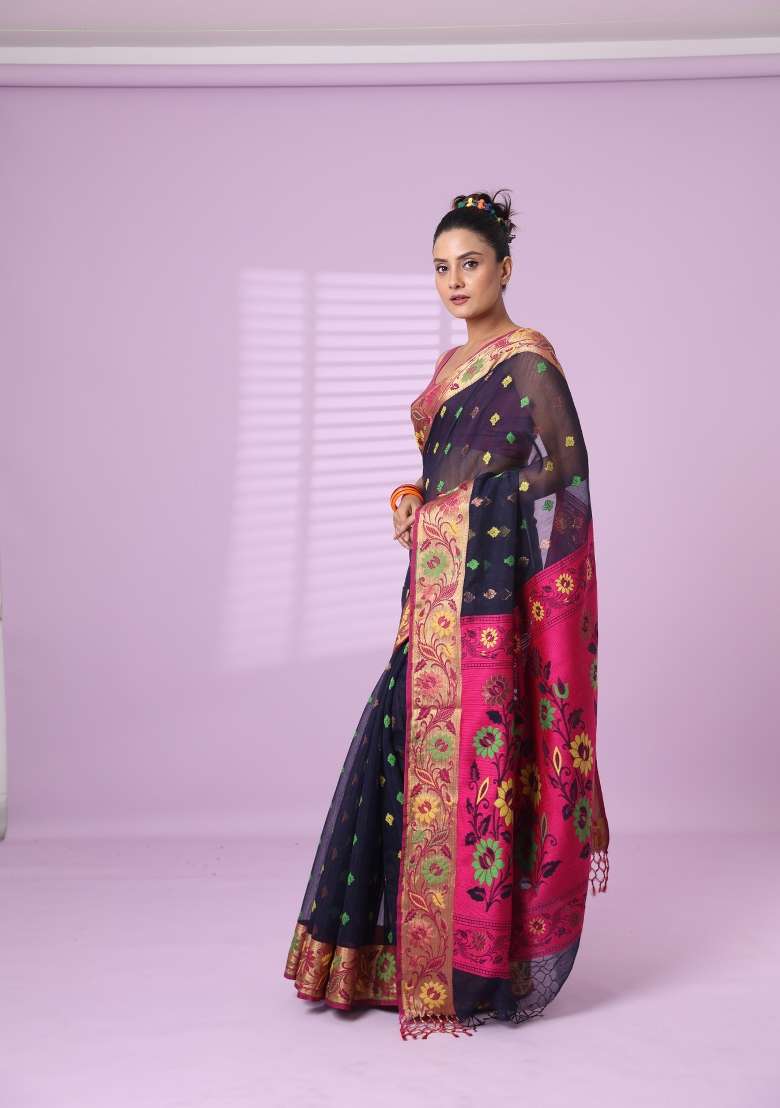 Navy Blue Embroidered Silk Blend Saree Set for Diwali and Festive Wear - Indya