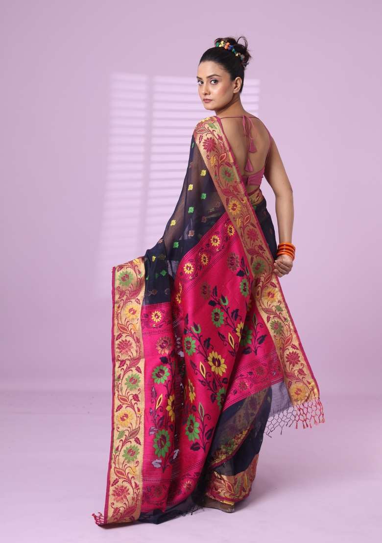 Navy Blue Embroidered Silk Blend Saree Set for Diwali and Festive Wear - Indya