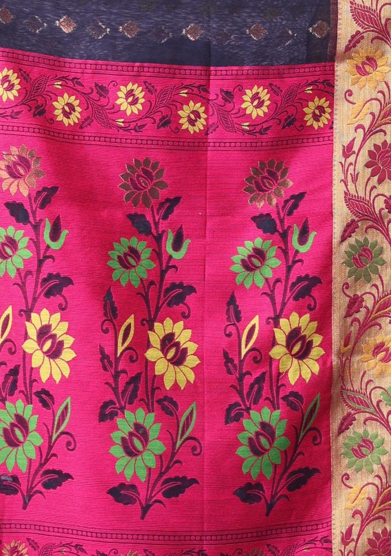 Navy Blue Embroidered Silk Saree Set - Indya