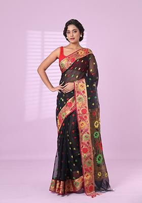 Black Embroidered Silk Saree Set