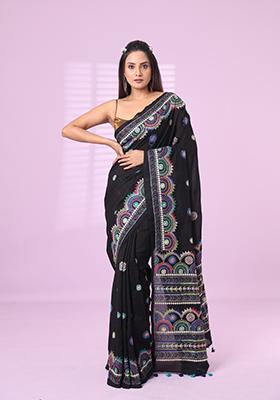 Black Embroidered Chiffon Saree Set