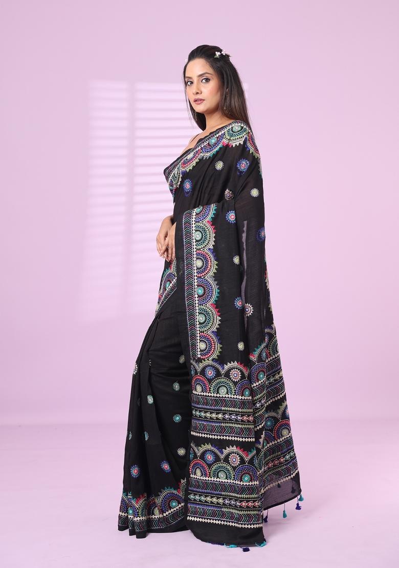 Black Embroidered Chiffon Saree Set - Indya