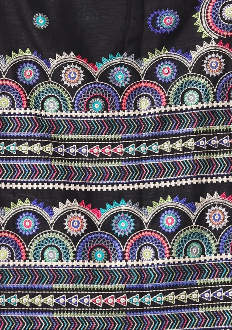 Black Embroidered Chiffon Saree Set - Indya