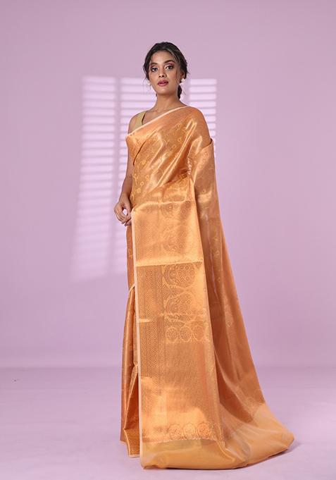 Beige Zari Work Silk Saree Set