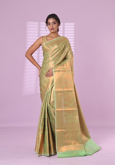 Light Green Zari Work Silk Saree Set