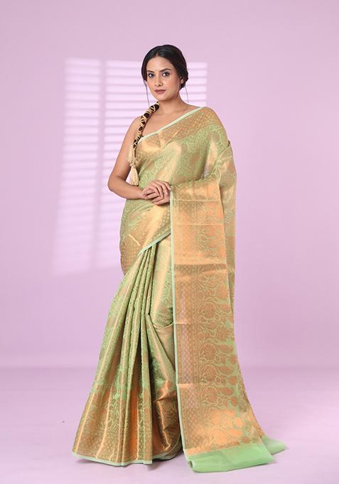 Light Green Zari Work Silk Saree Set