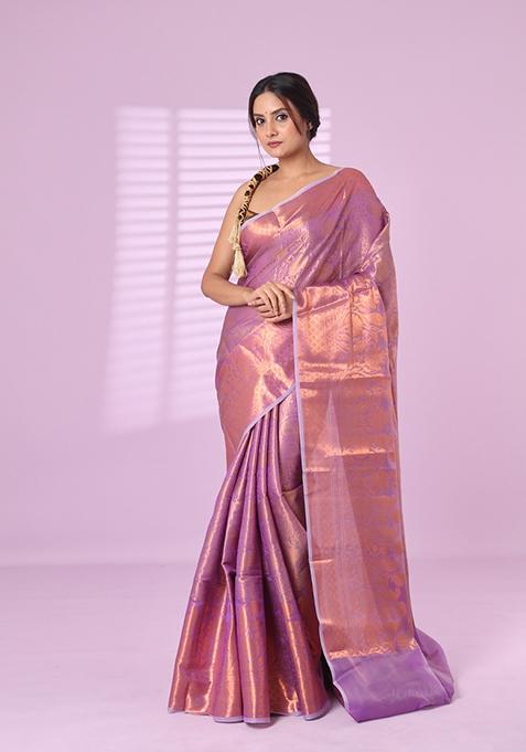Violet Zari Work Silk Saree Set