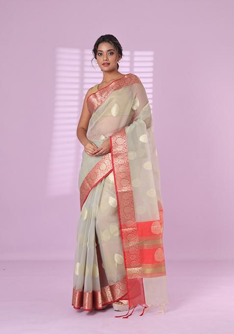 Grey Embroidered Organza Saree Set