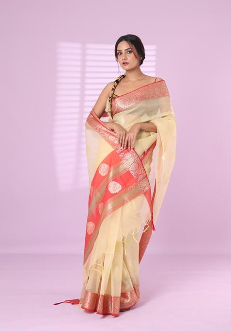 Beige Embroidered Organza Saree Set
