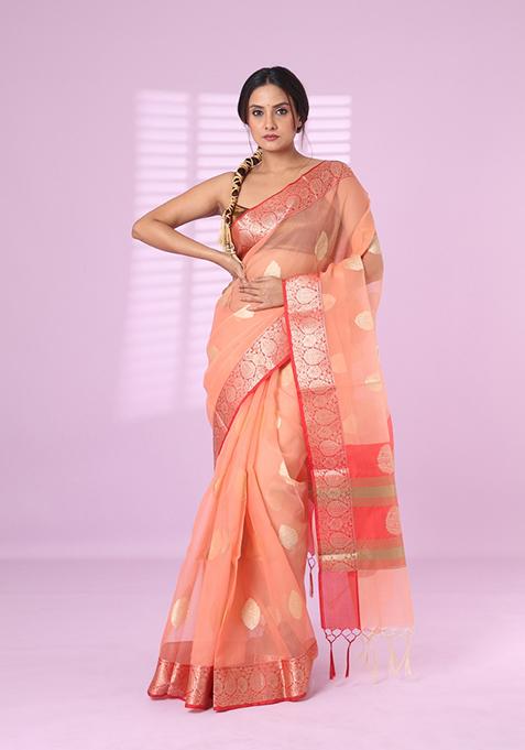 Peach Embroidered Organza Saree Set