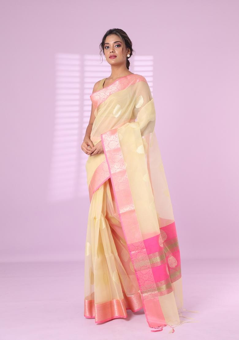 Banana Yellow Embroidered Organza Saree Set - Indya