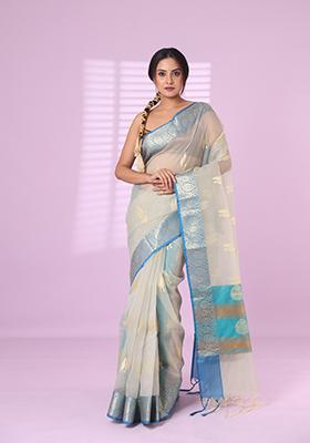 Ecru Embroidered Organza Saree Set