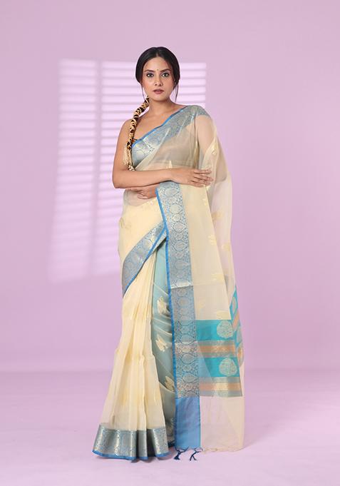 Beige Embroidered Organza Saree Set