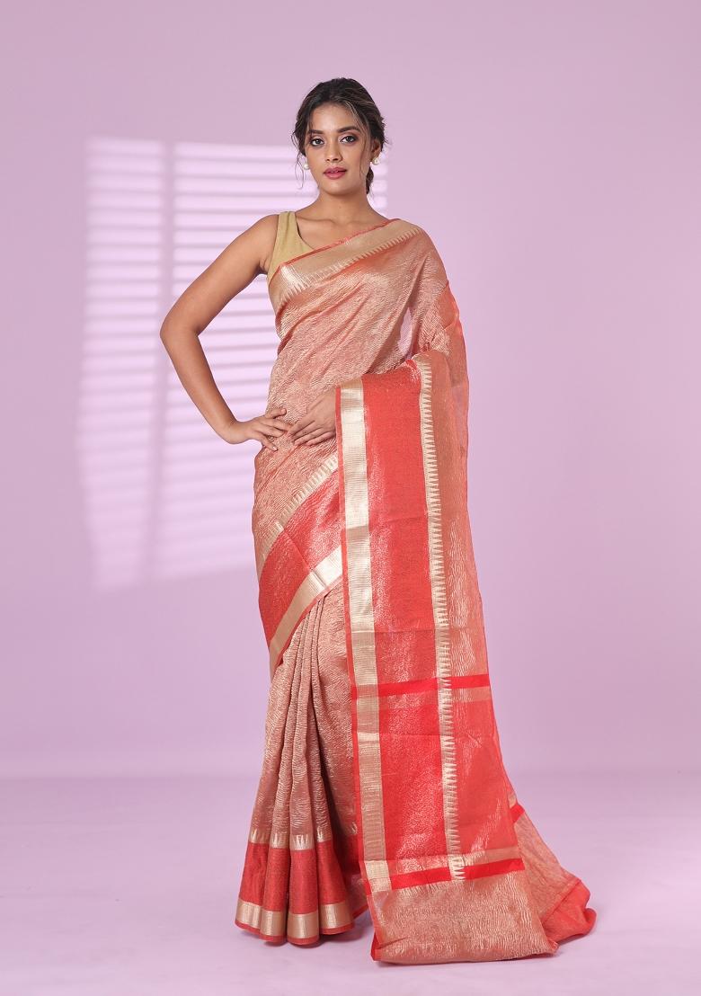 Red Solid Tissue Saree Set
