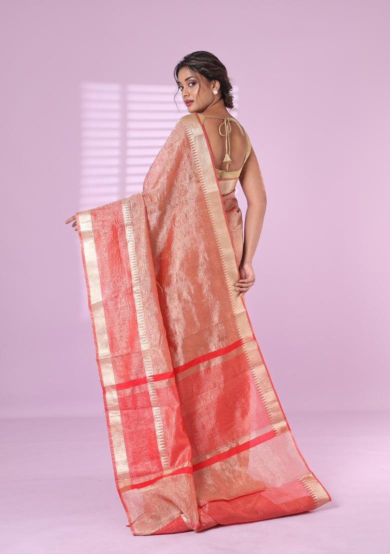 Red Solid Tissue Saree Set