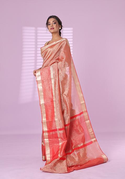 Red Solid Tissue Saree Set