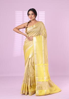 Yellow Solid Tissue Saree Set