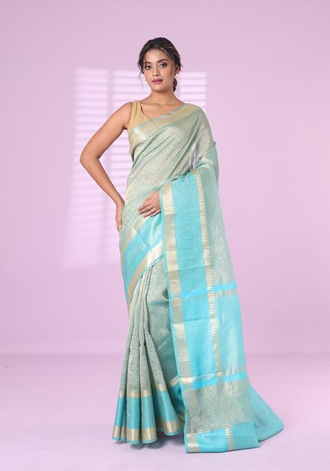 Sky Blue Solid Tissue Saree Set