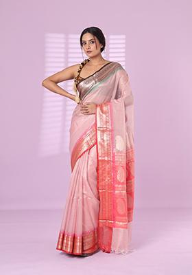 Baby Pink Checked Tissue Saree Set