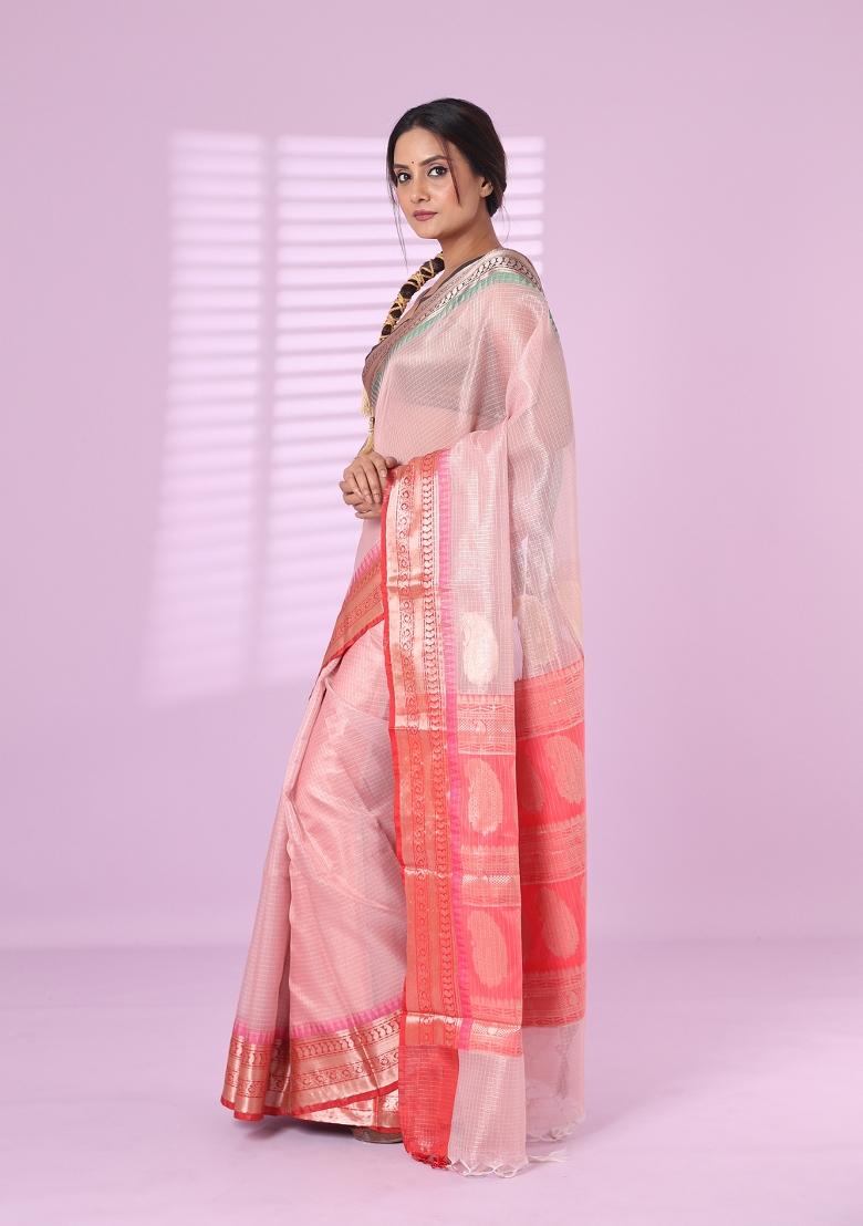 Baby Pink Checked Tissue Saree Set - Indya