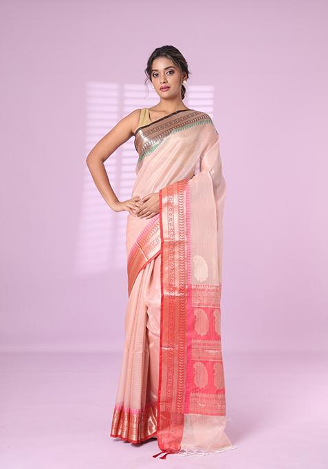Peach Checked Tissue Saree Set