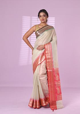 Ecru Checked Tissue Saree Set