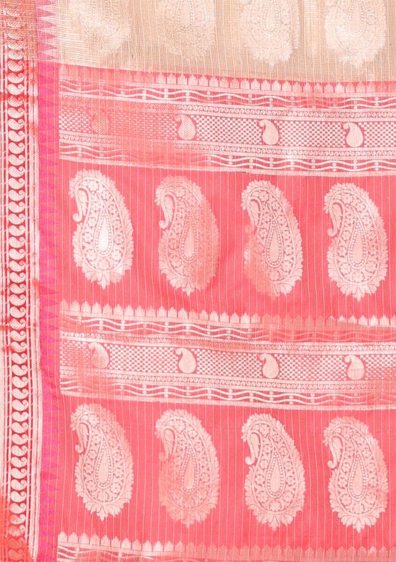 Beige Checked Tissue Saree Set - Indya