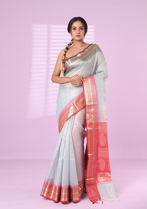 Silver Checked Tissue Saree Set