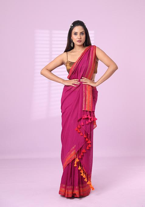 Purple Solid Cotton Saree Set