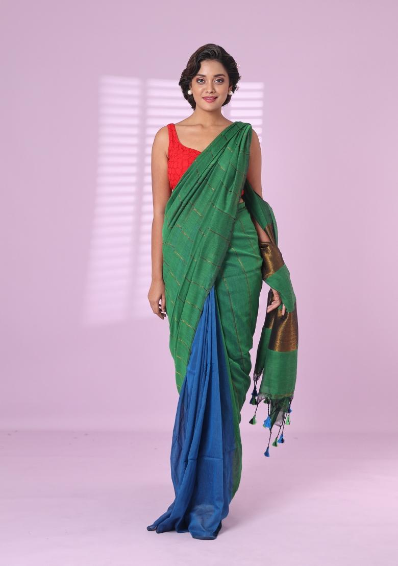 Green Zari Work Cotton Saree Set