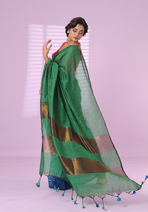 Green Zari Work Cotton Saree Set