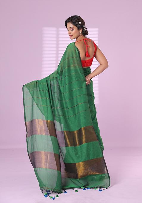 Green Zari Work Cotton Saree Set