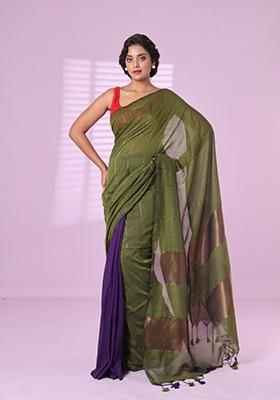 Moss Green Zari Work Cotton Saree Set