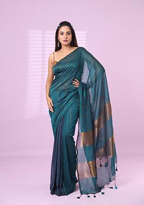 Teal Aegean Blue Zari Work Cotton Saree Set