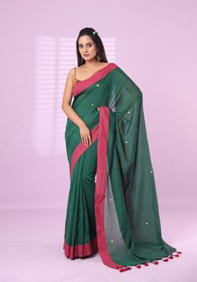 Green Embroidered Cotton Saree Set