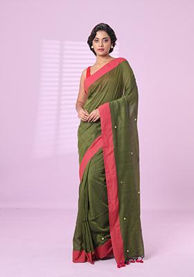 Sap Green Embroidered Cotton Saree Set