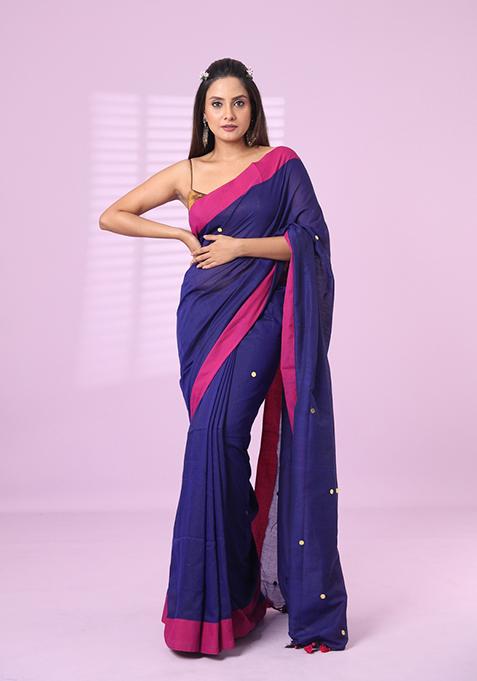 Navy Blue Embroidered Cotton Saree Set