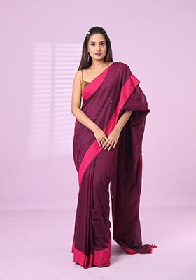 Purple Embroidered Cotton Saree Set
