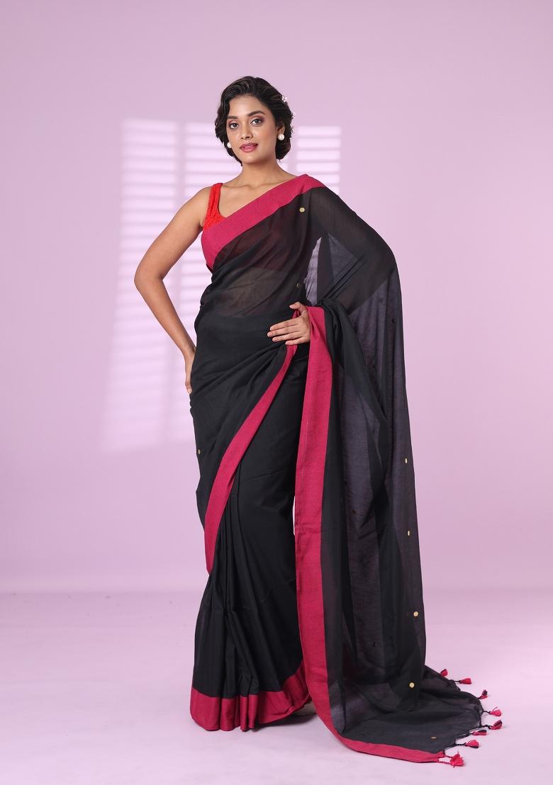 Black Embroidered Cotton Saree Set - Indya