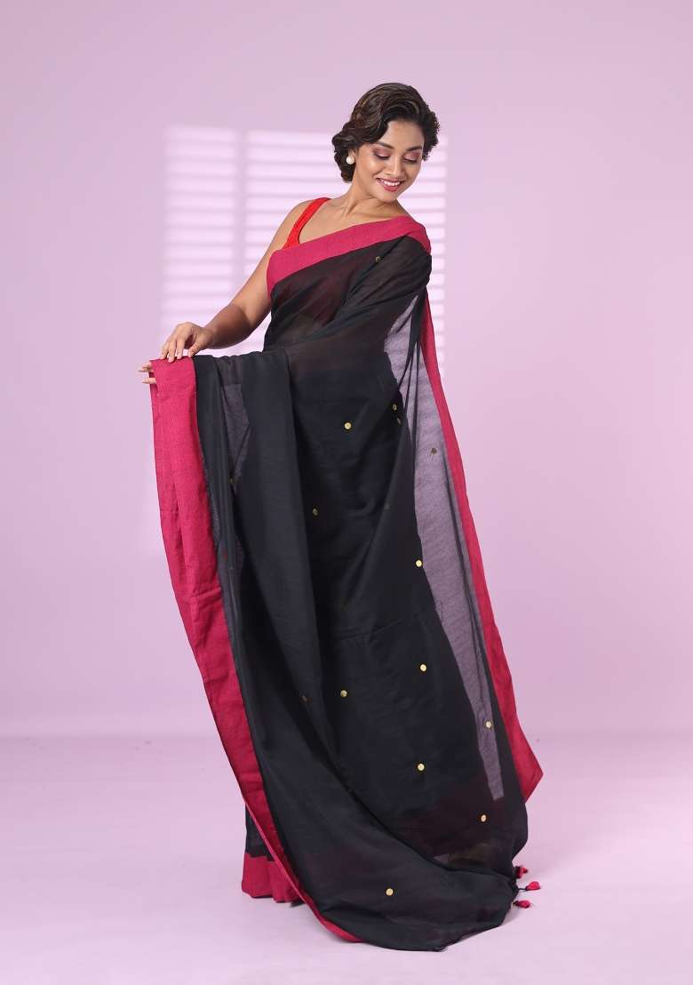 Black Cotton Saree Set with Embroidered for Diwali | Wedding & Festive Wear - Indya