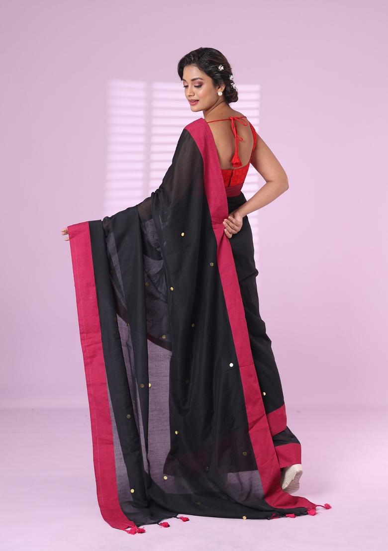 Black Embroidered Cotton Saree Set - Indya